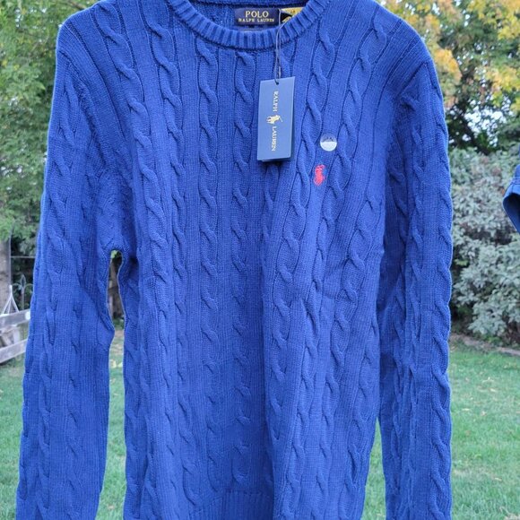 Authentic Blue Polo Ralph Lauren Cable Knit Sweater with Red Pony Size Medium - Picture 1 of 16